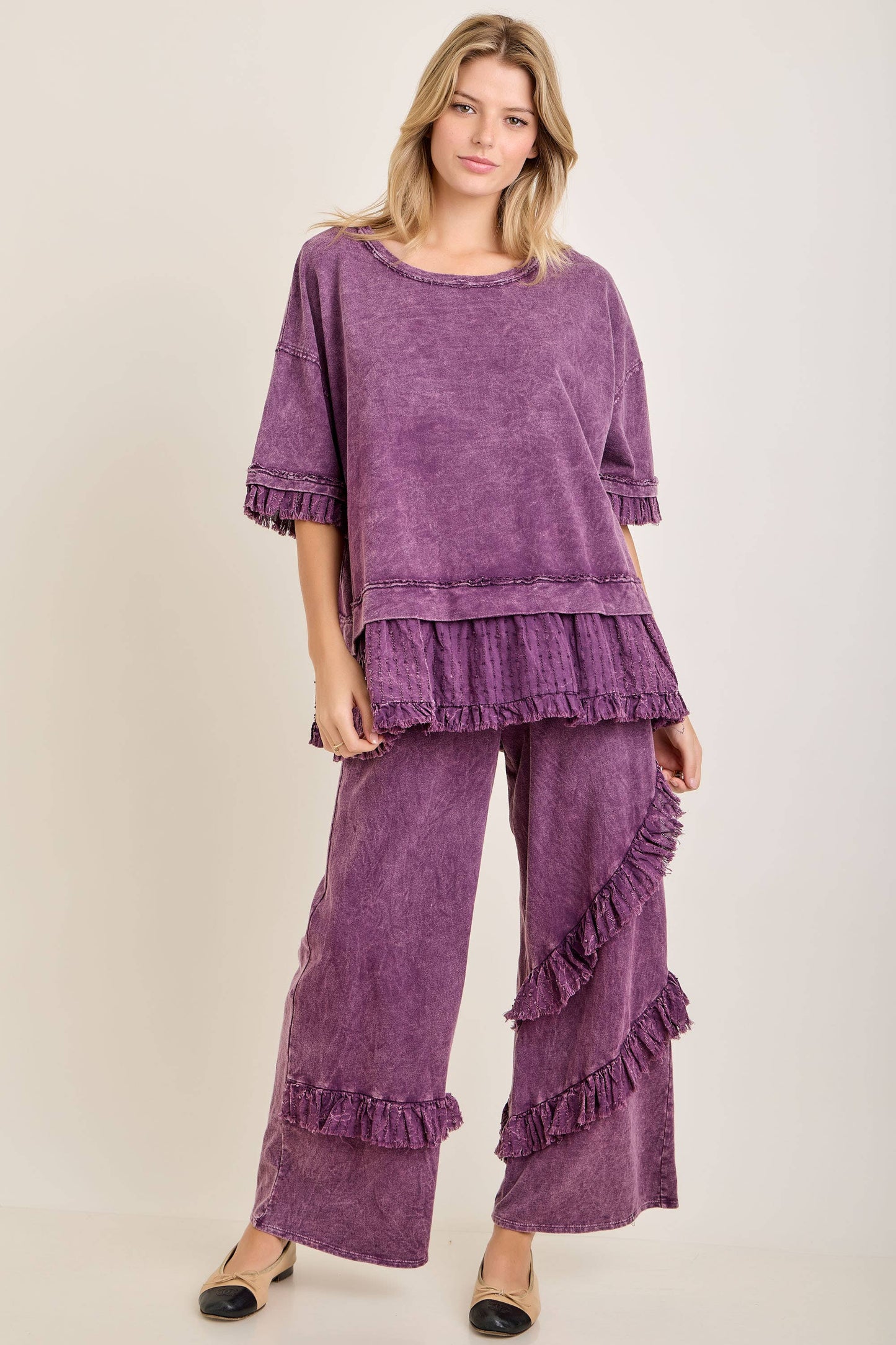 Textured Bouclé Eyelet Ruffle Top