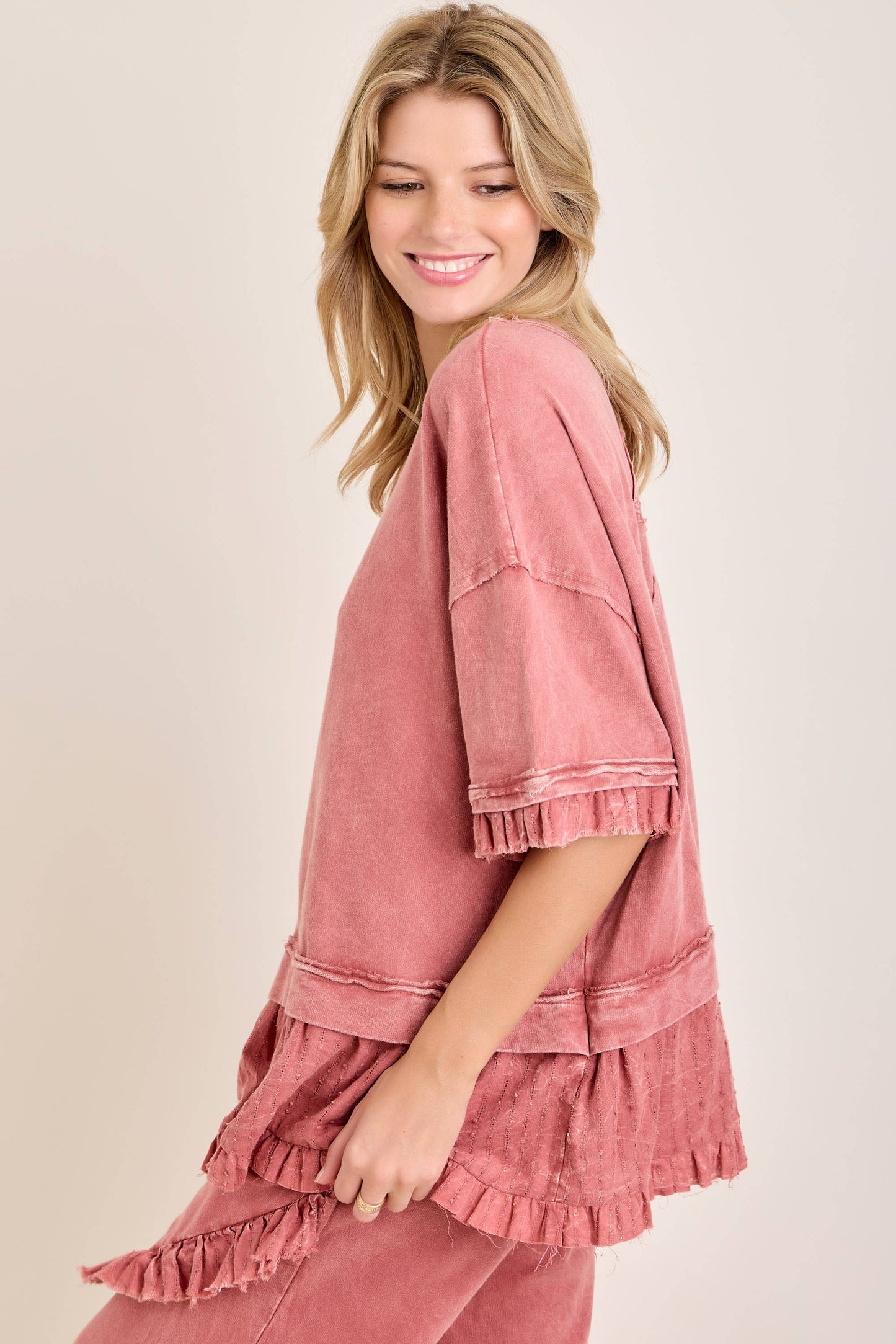 Textured Bouclé Eyelet Ruffle Top