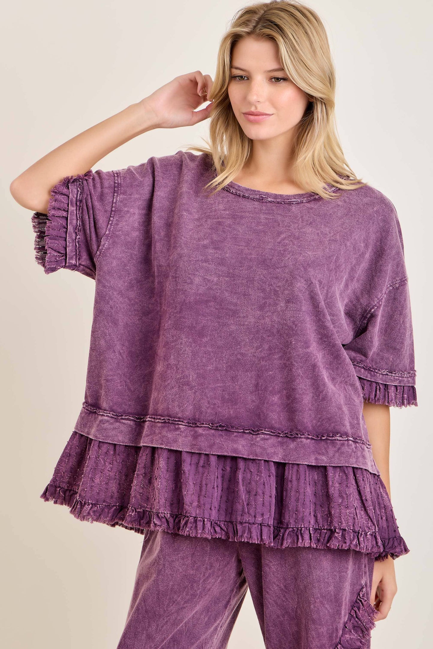 Textured Bouclé Eyelet Ruffle Top