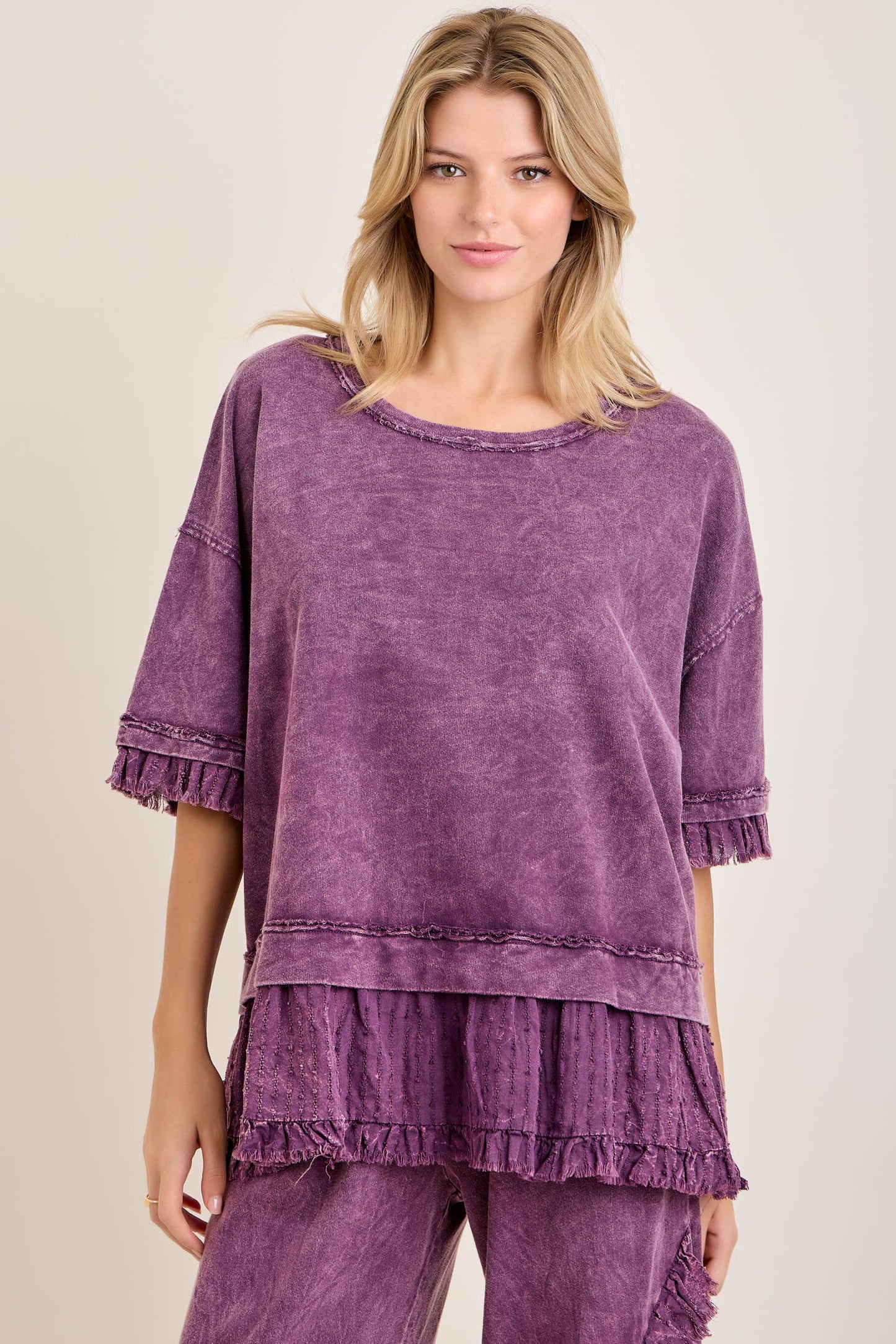 Textured Bouclé Eyelet Ruffle Top