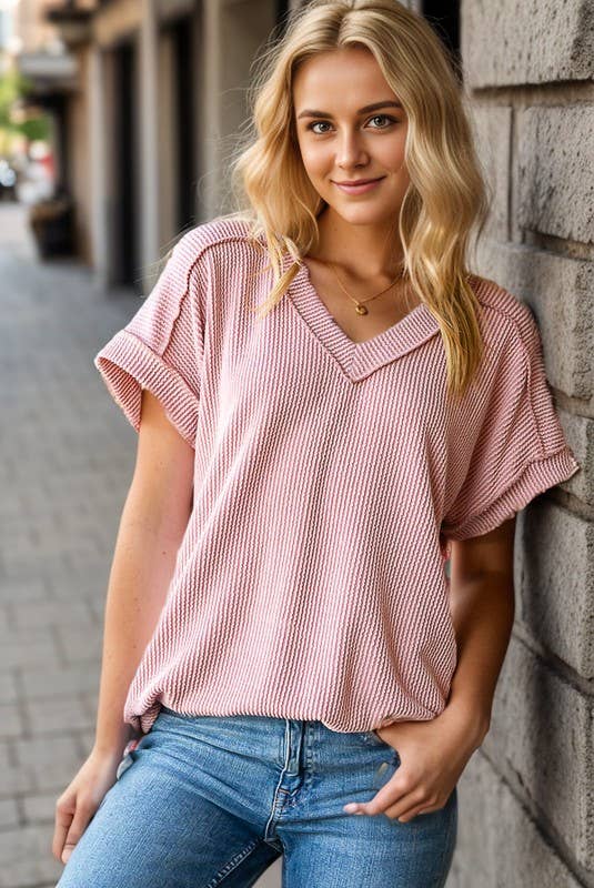 SOLID V-Neck RIBBED TOP