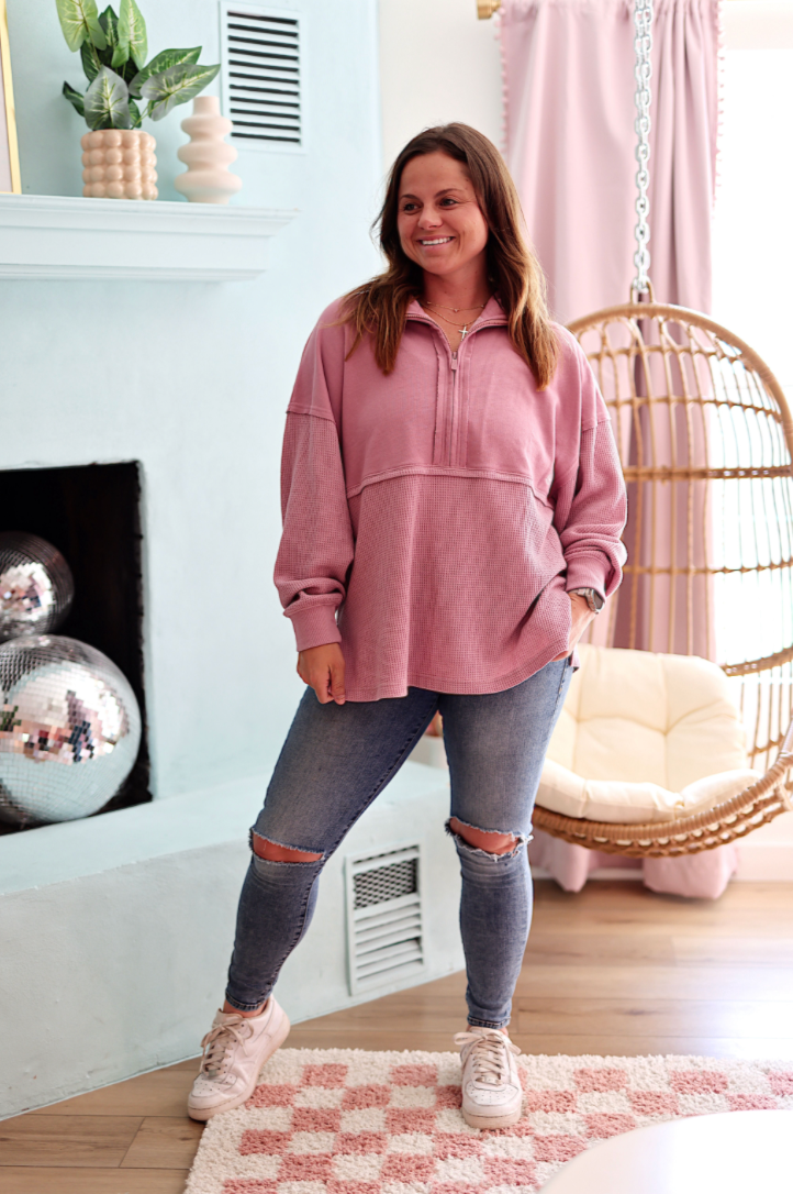 Ready or Not Waffle Quarter Zip - (Dusty Rose)