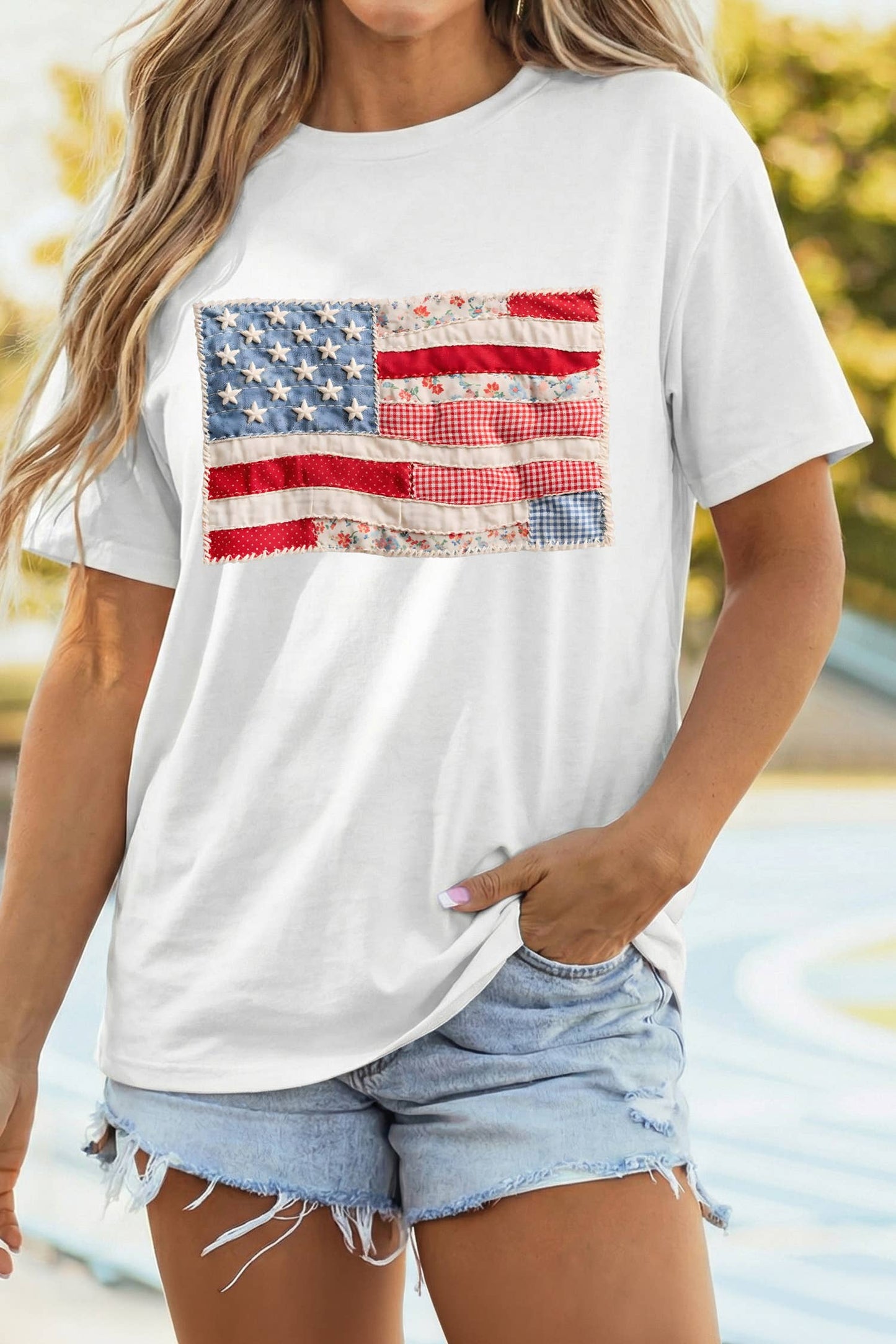 4th July Faux Patchwork Printed US Flag Casual Tee