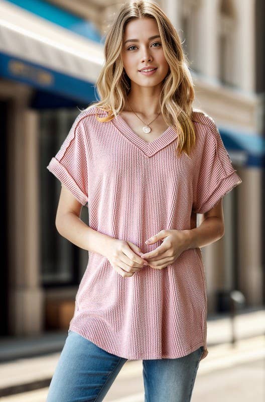 SOLID V-Neck RIBBED TOP