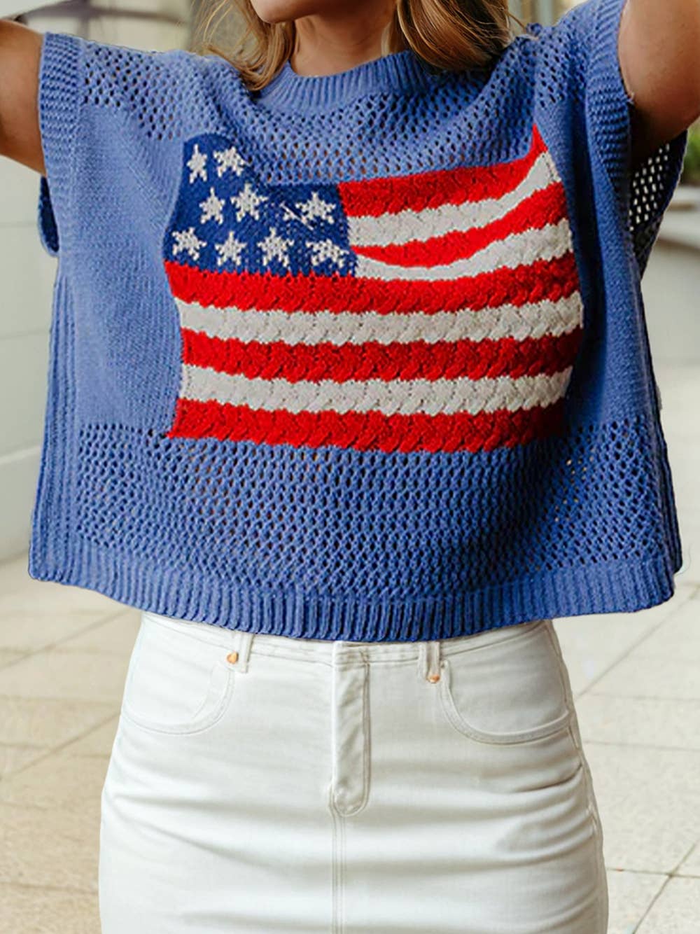 4th of July Flag  Short Sleeve Graphic Sweater Top