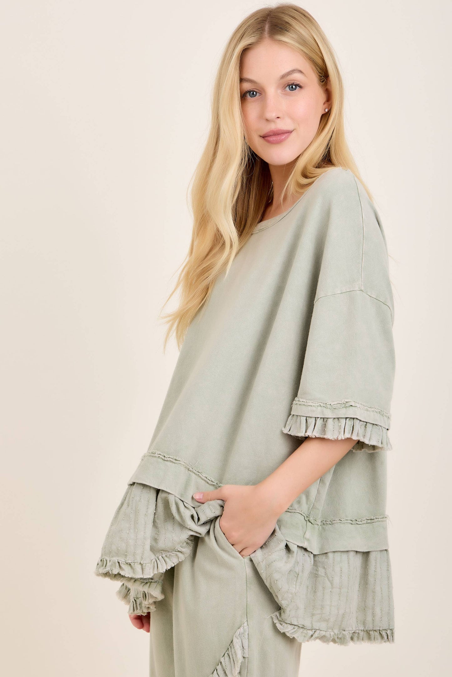 Textured Bouclé Eyelet Ruffle Top