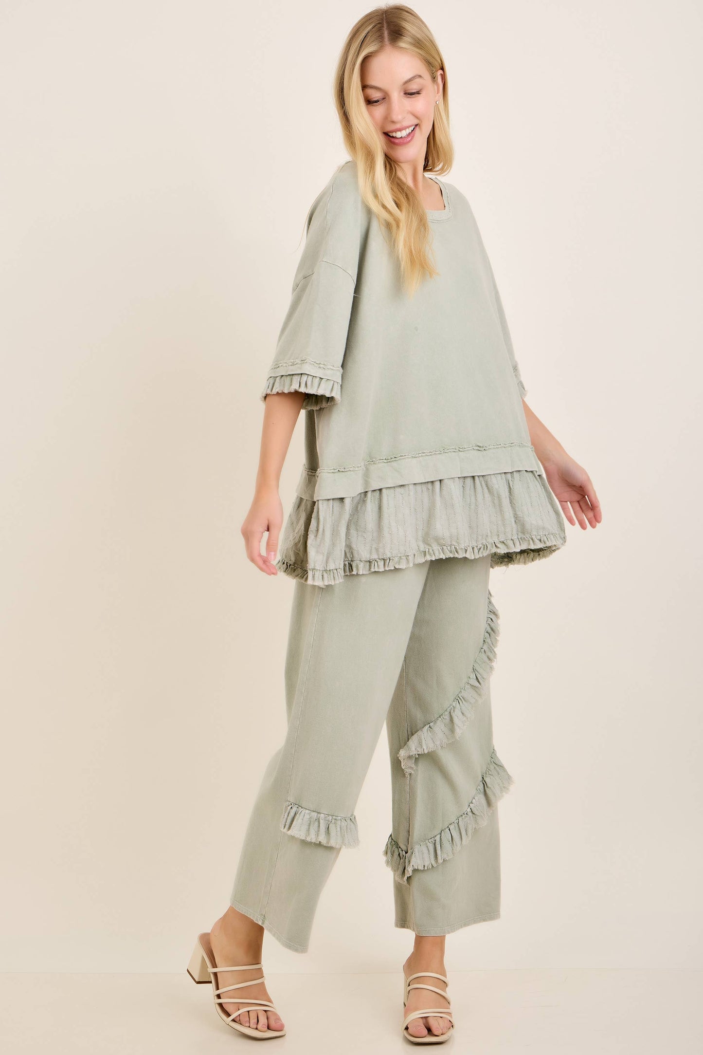 Textured Bouclé Eyelet Ruffle Top