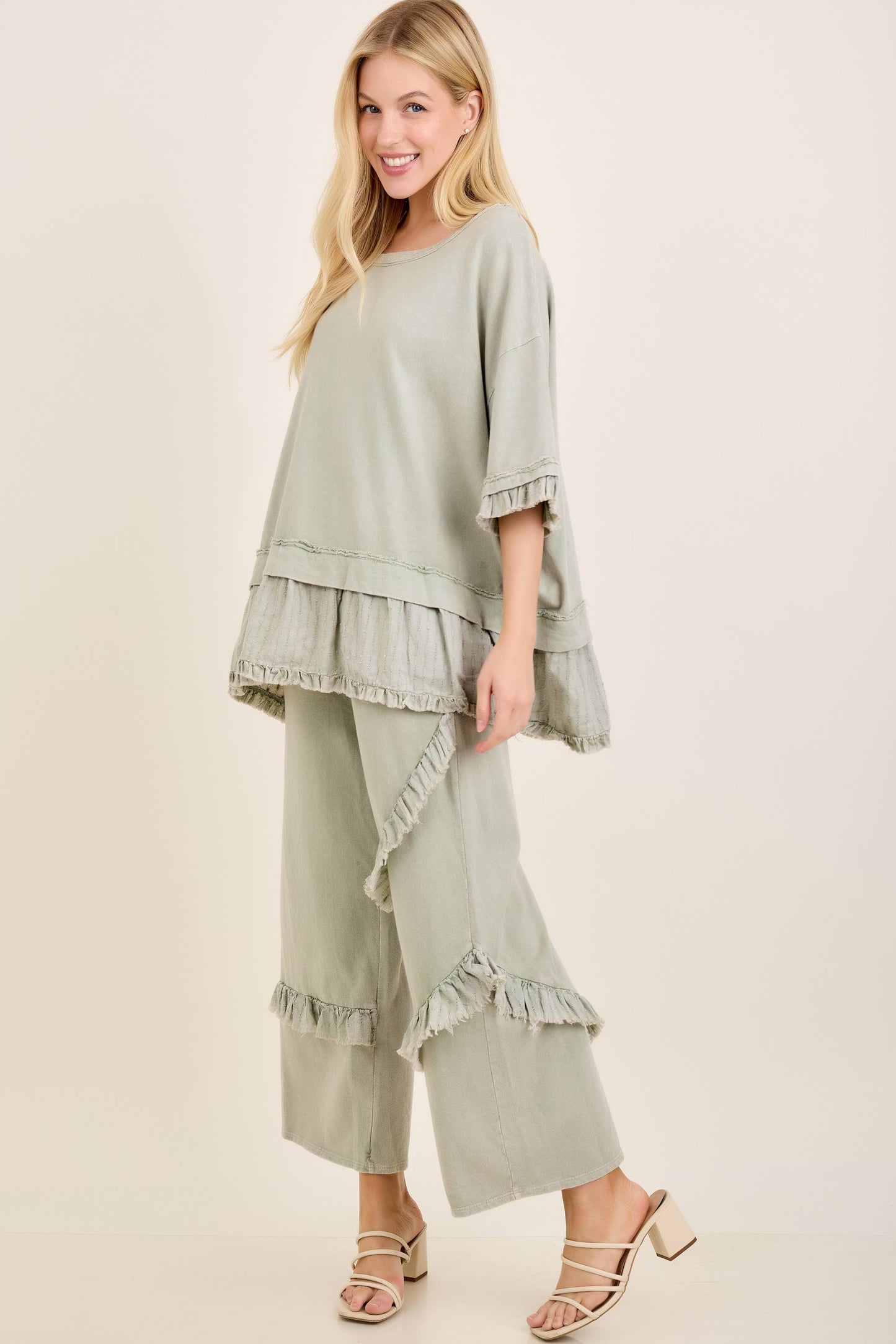 Textured Bouclé Eyelet Ruffle Top
