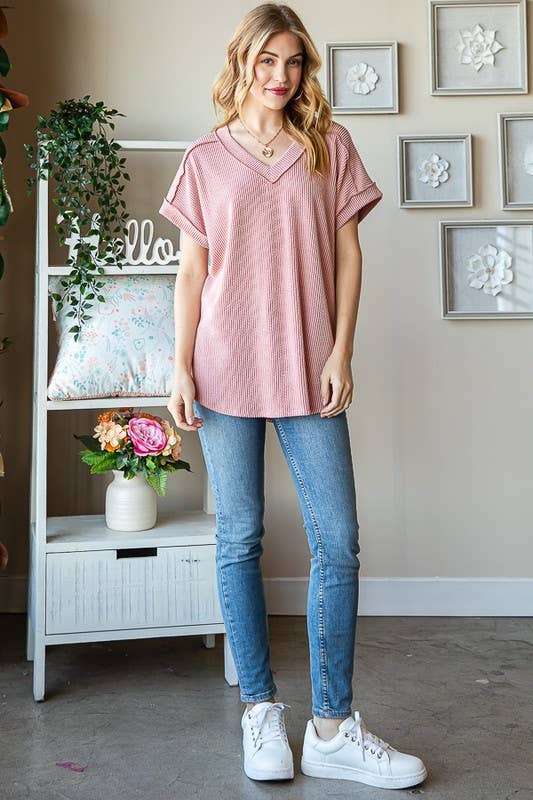 SOLID V-Neck RIBBED TOP