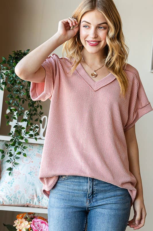 SOLID V-Neck RIBBED TOP