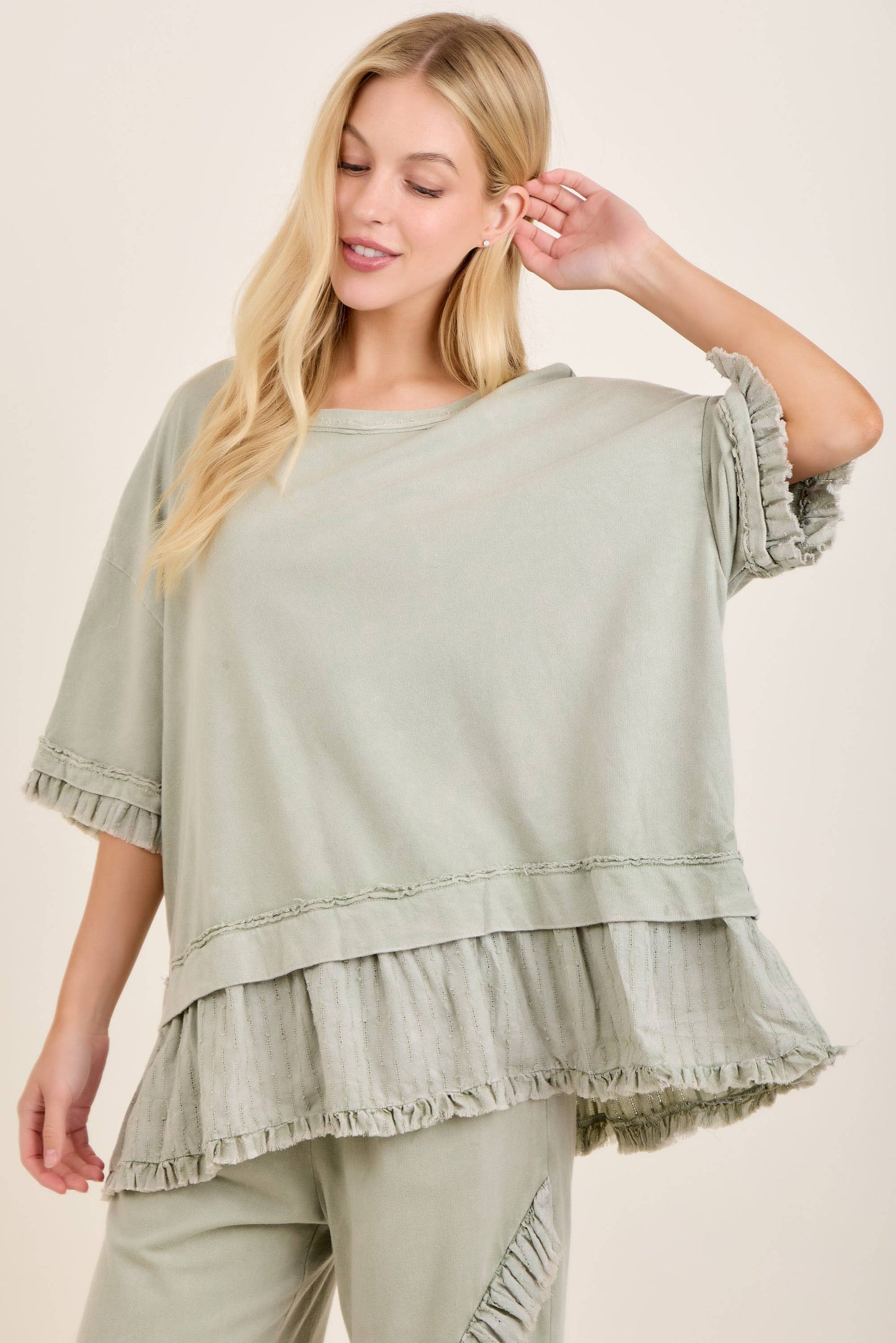 Textured Bouclé Eyelet Ruffle Top