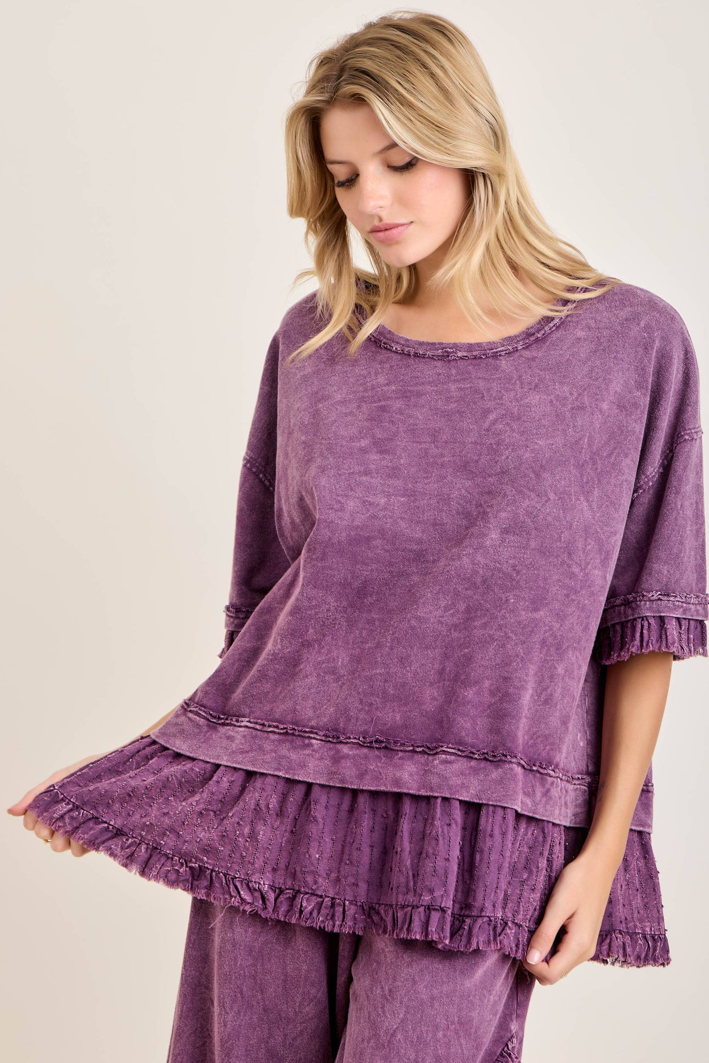 Textured Bouclé Eyelet Ruffle Top