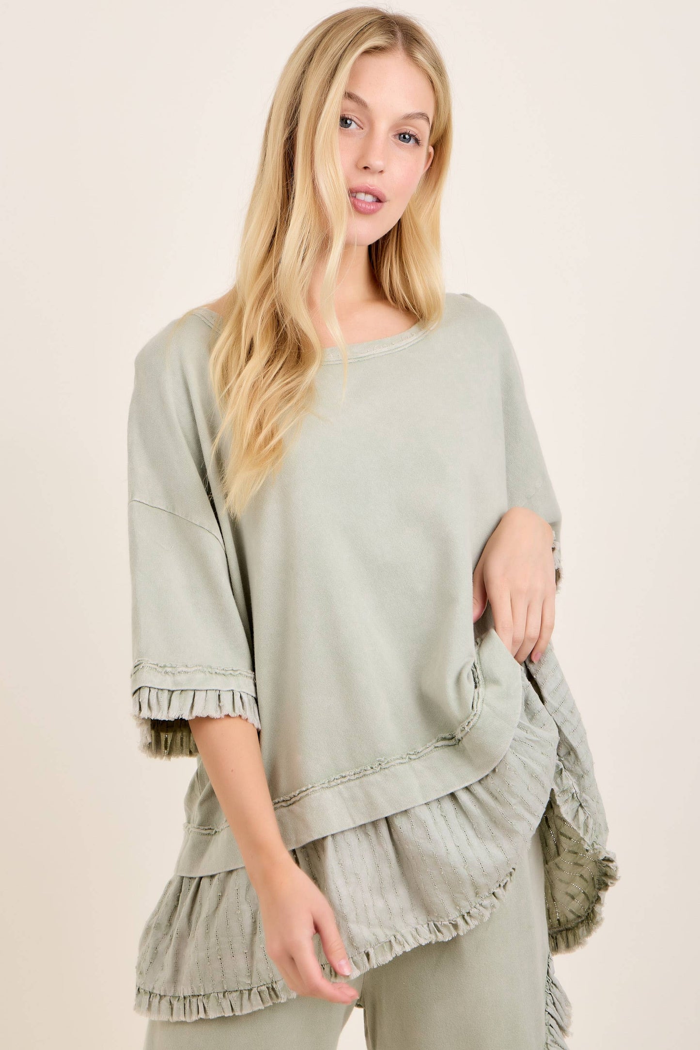Textured Bouclé Eyelet Ruffle Top