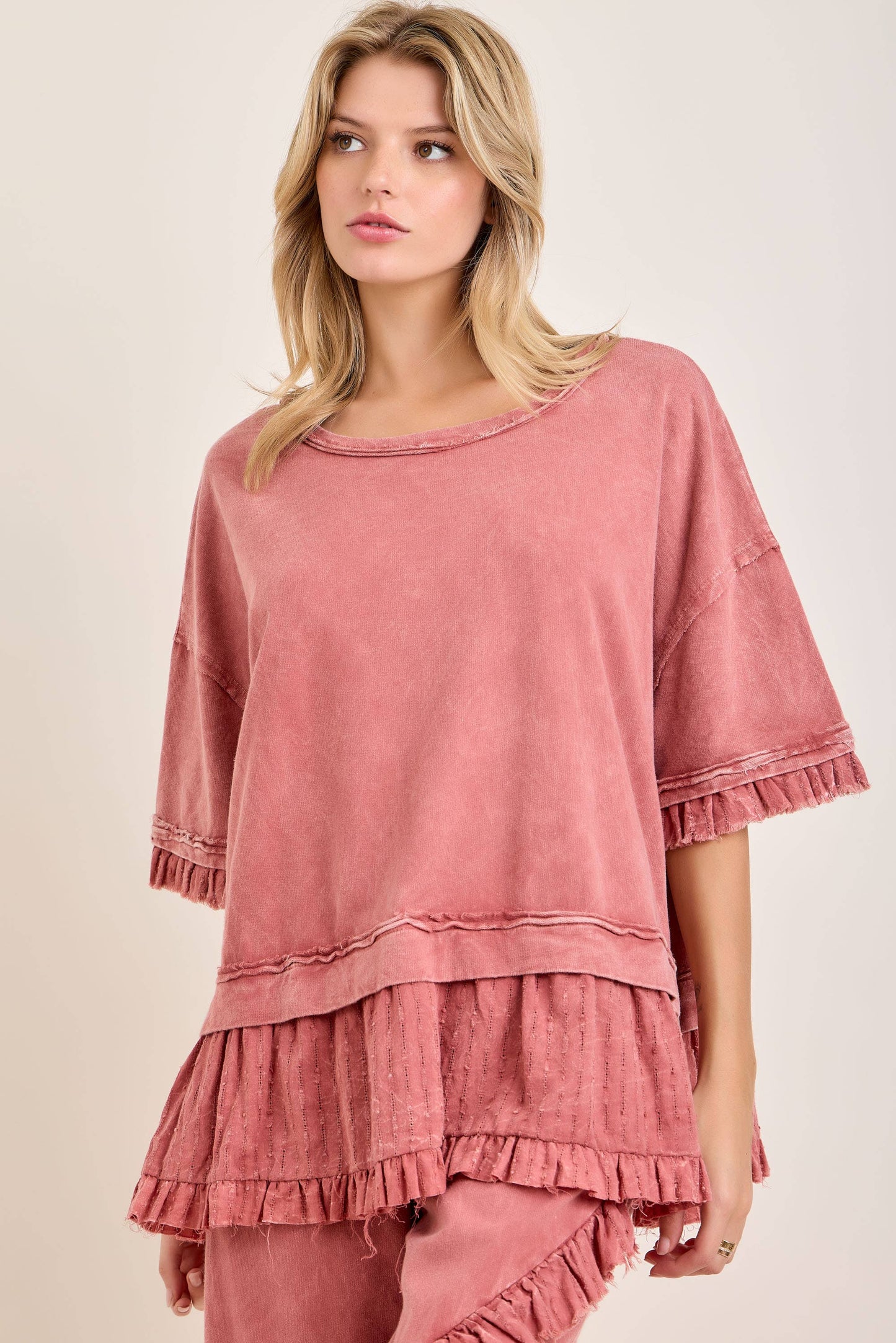 Textured Bouclé Eyelet Ruffle Top