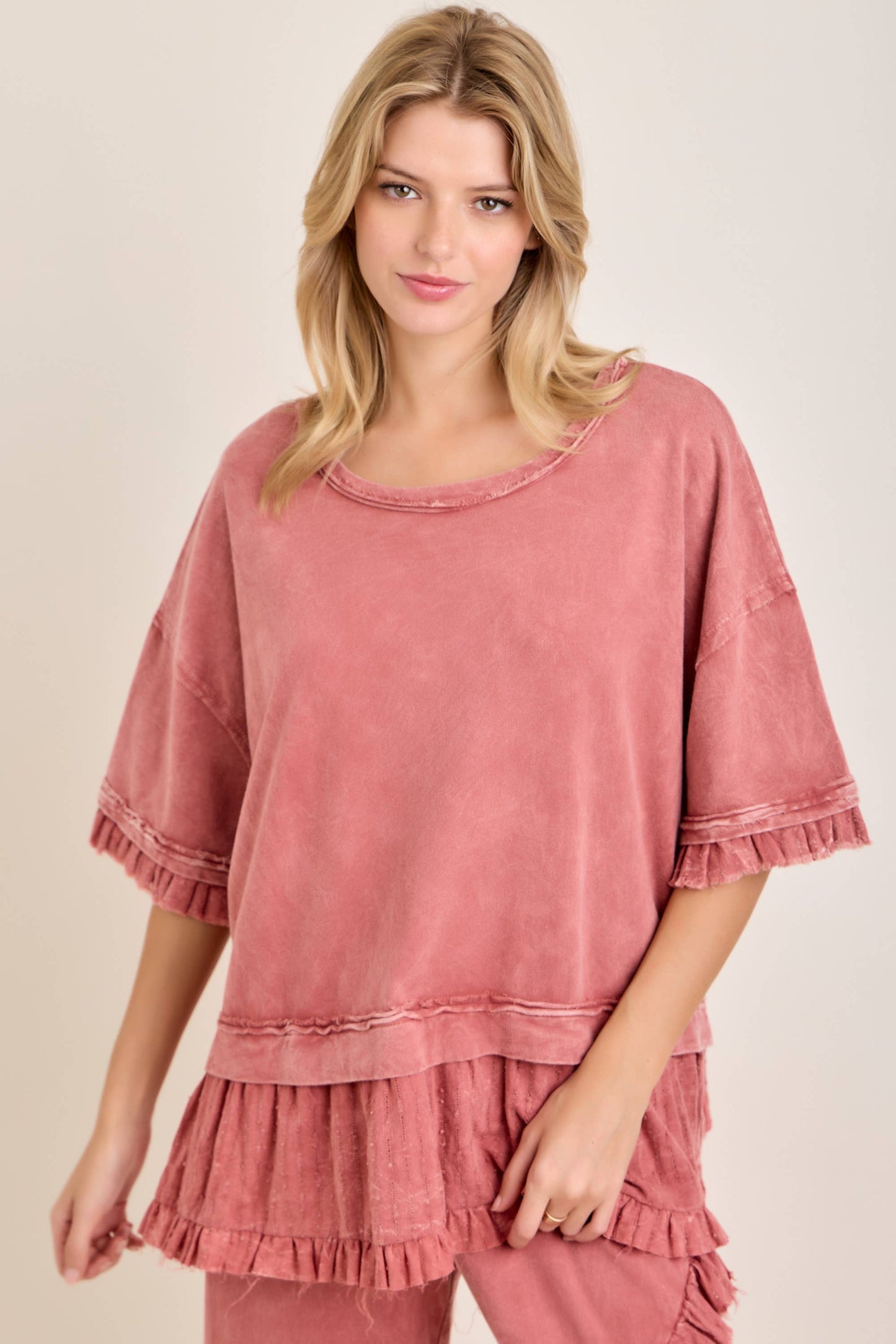 Textured Bouclé Eyelet Ruffle Top