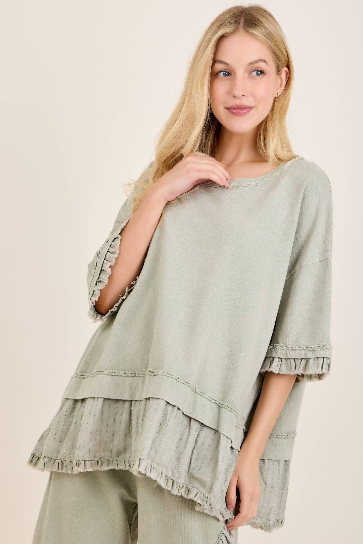 Textured Bouclé Eyelet Ruffle Top