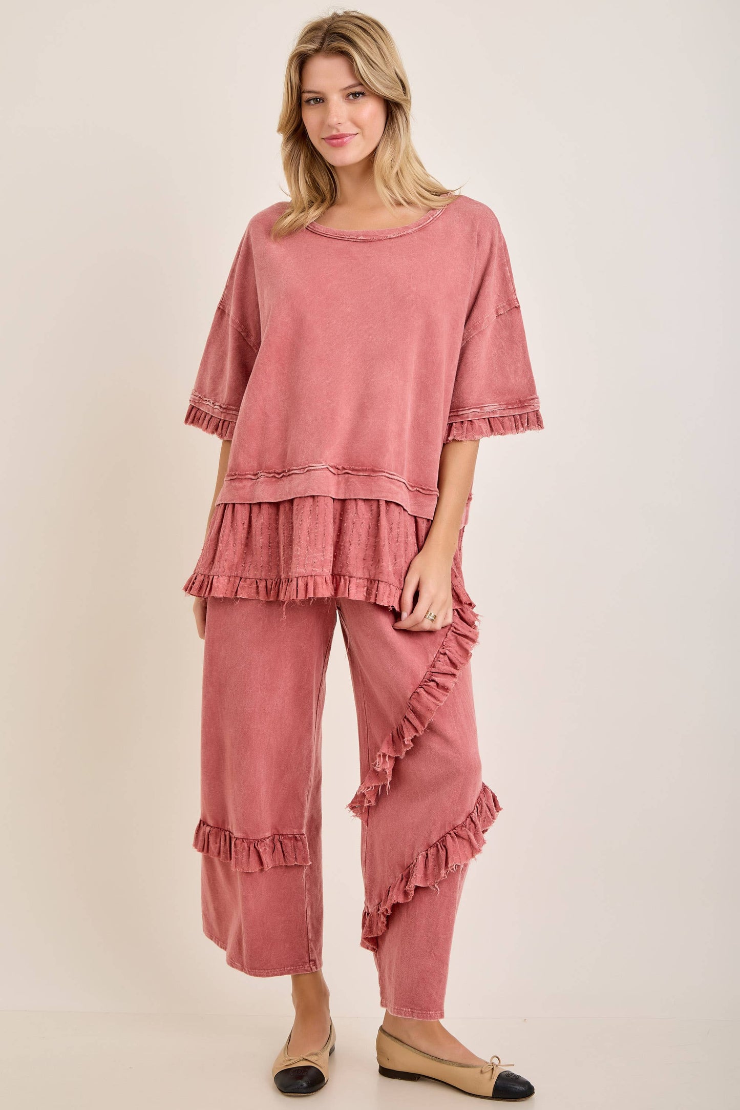 Textured Bouclé Eyelet Ruffle Top